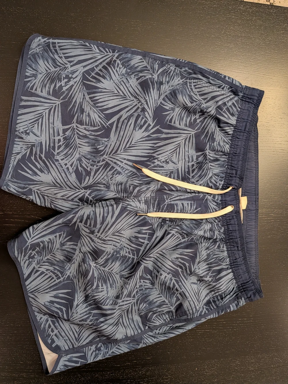 Fair Harbor Navy Palm-Print Swim Trunks with Light Blue Leaf Pattern